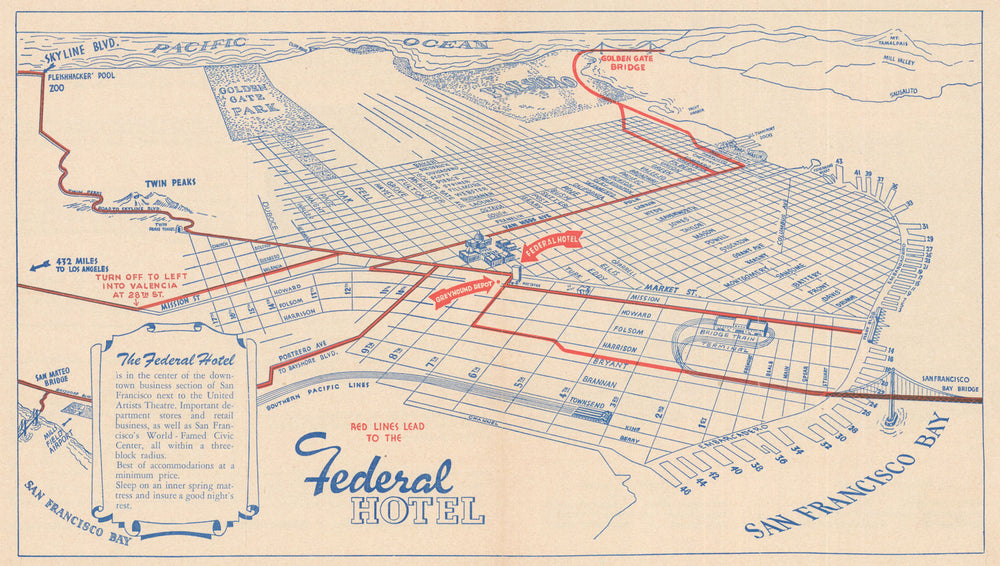 San Francisco Street Map. Federal Hotel. Bird's-eye view tourist map c1954
