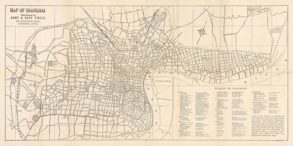 Map of Shanghai. Town/city plan by Army & Navy Y.M.C.A  c1920 old antique