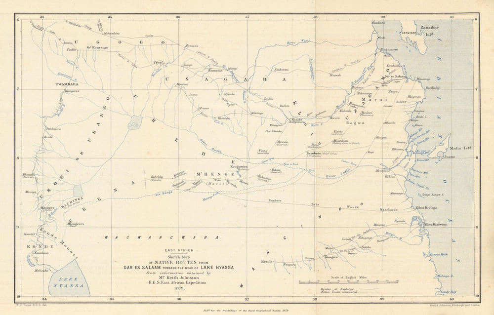 Dar Es Salaam to Lake Nyassa native routes. RGS East African Expedition 1879 map