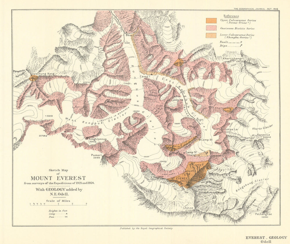 Mount Everest from the 1921 & 1924 expedition surveys. RGS/Odell 1925 old map