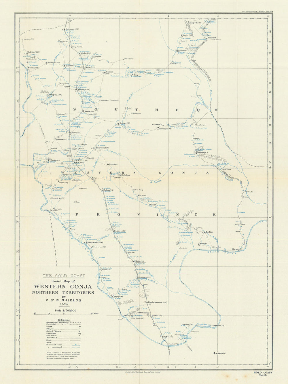 The Gold Coast. Western Gonja. Northern Territories. Ghana. RGS/Shields 1926 map