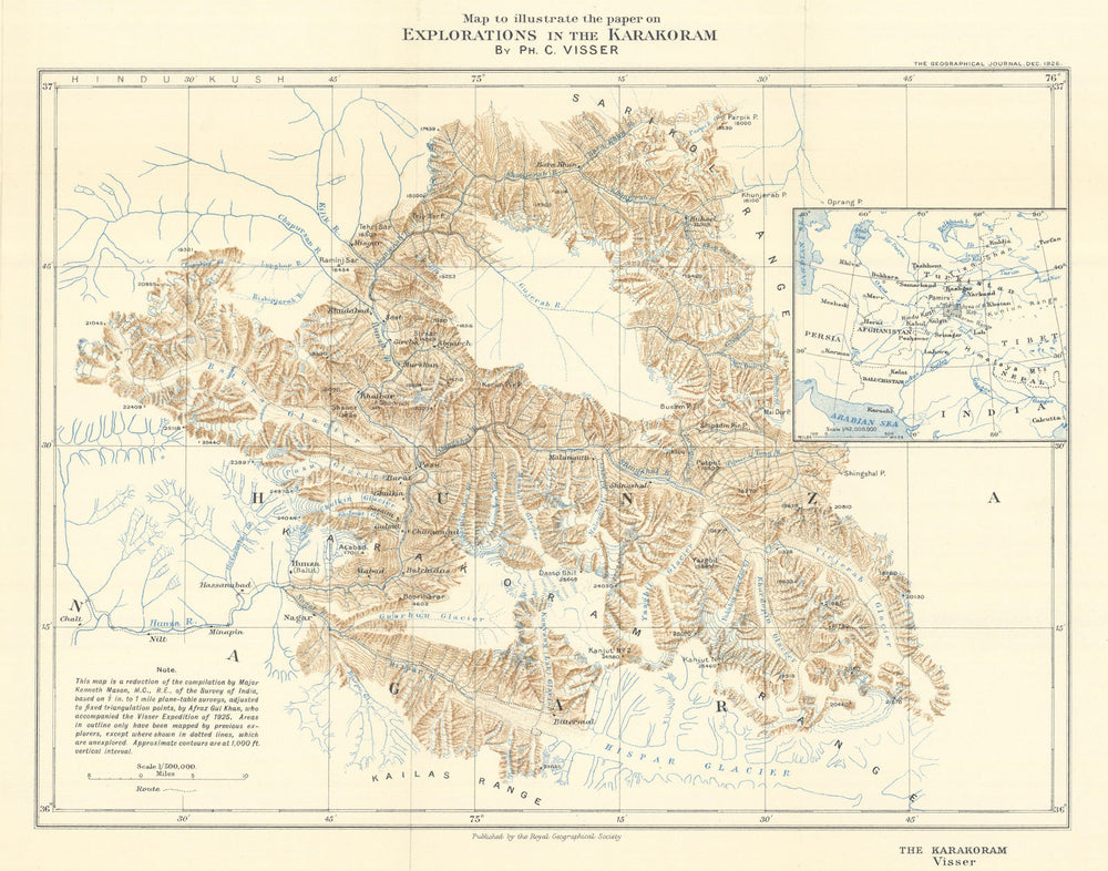 Explorations in the Karakoram. Pakistan. RGS/Visser 1926 old vintage map chart