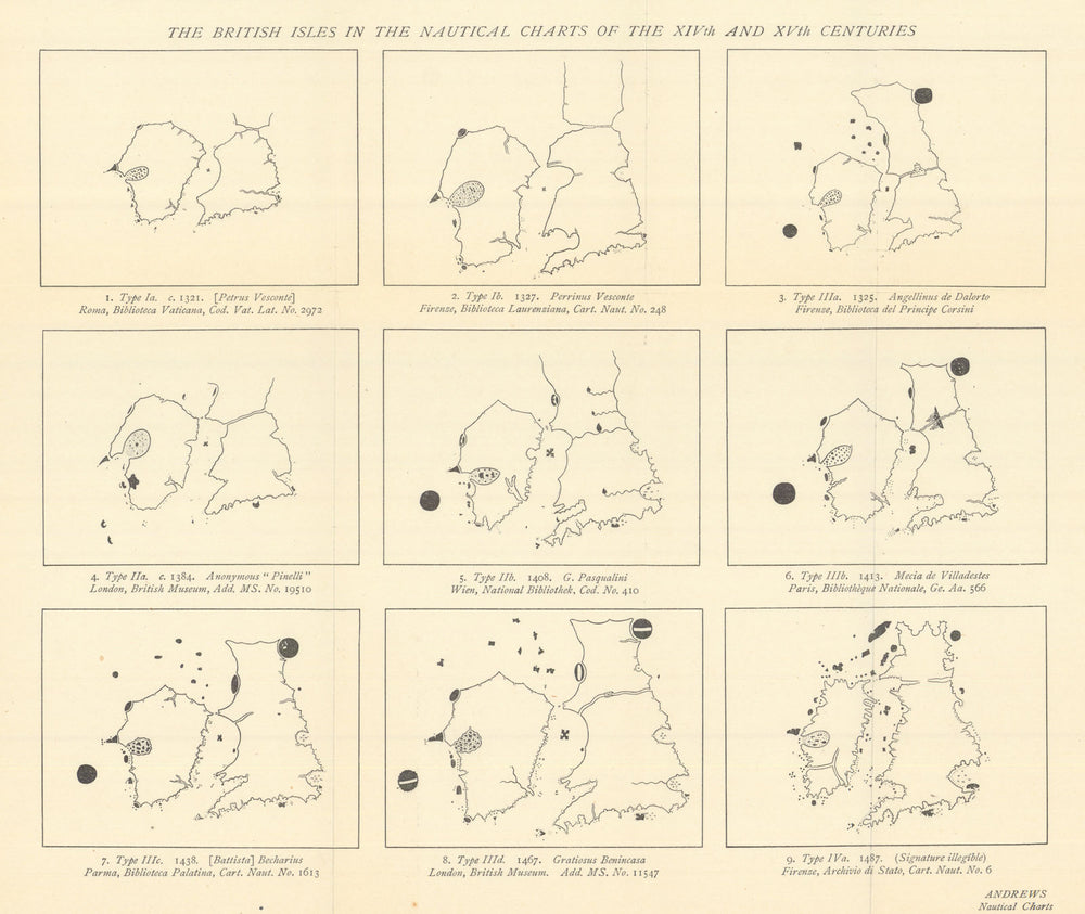 The British Isles in 14th & 15th Century Nautical charts. RGS/Andrews 1926 map