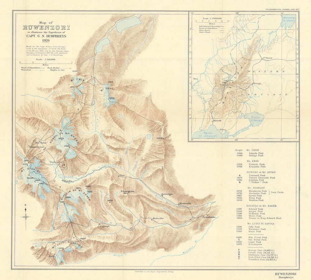 Ruwenzori to illustrate the Humphreys Expedition, Uganda. RGS 1927 old map