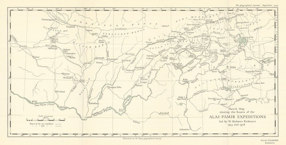 Alai-Pamir 1913/1928 Expedition Routes. Central Asia. RGS/Rickmers 1929 map