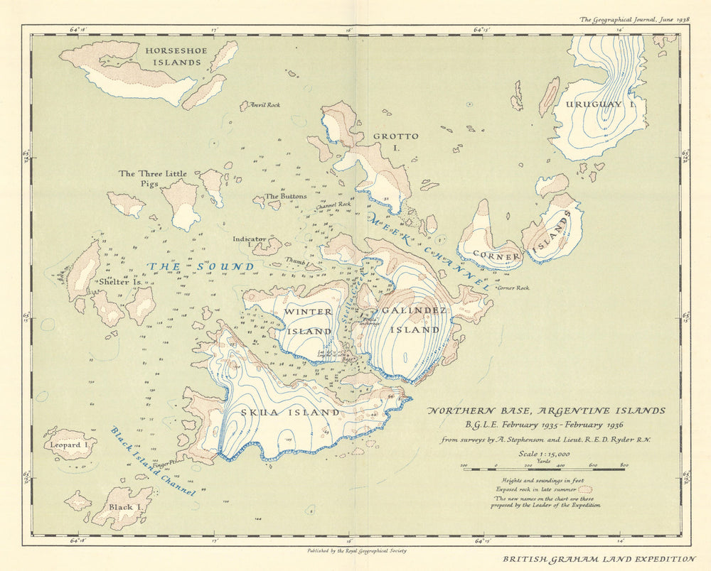 Argentine Islands, Antarctica. British Graham land Expedition/RGS 1938 old map