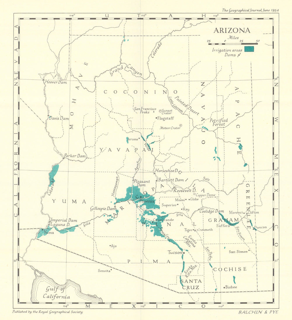 Arizona irrigation areas & dams. RGS/Balchin & Pye 1954 old vintage map chart