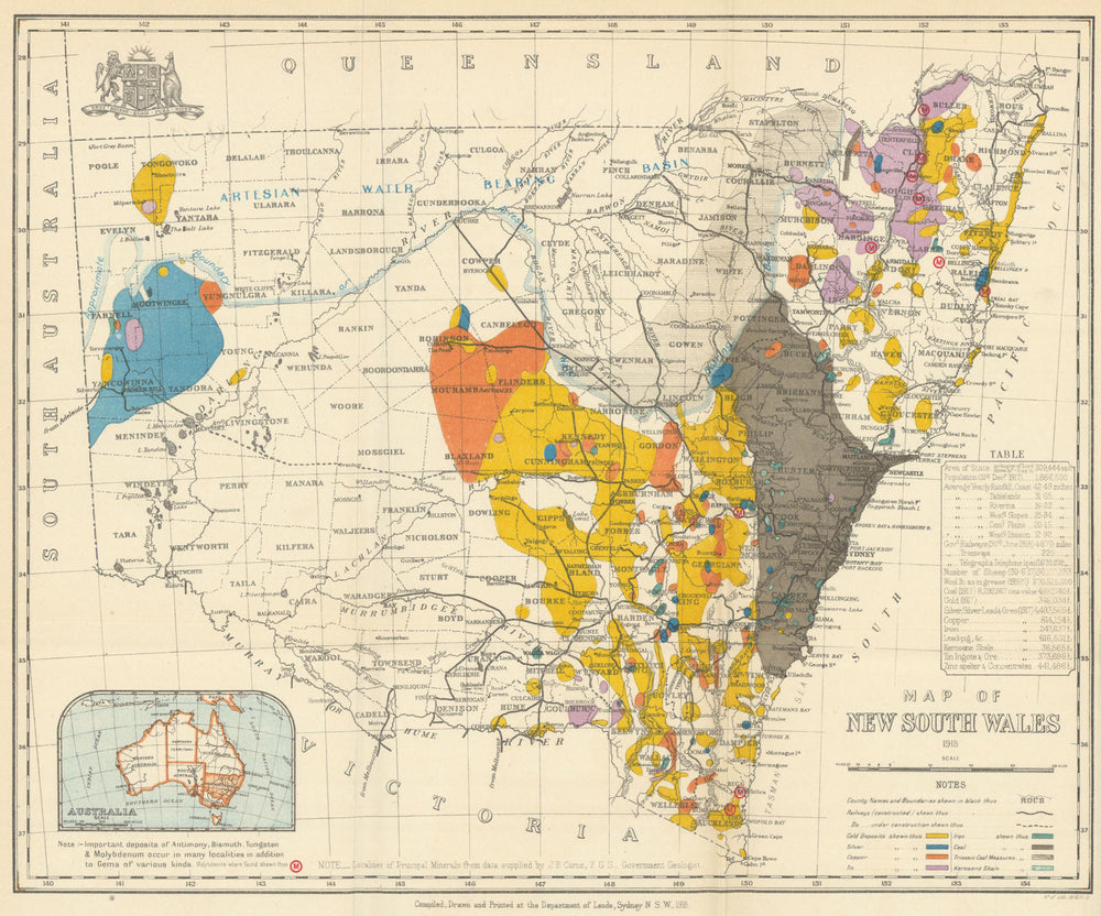 New South Wales resources map. Gold Silver Copper Tin Iron Coal Shale 1919