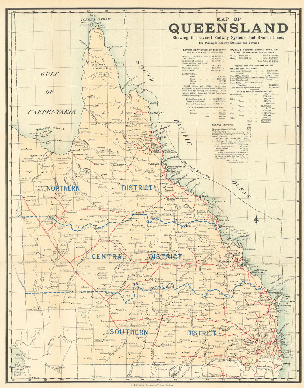 Map of Queensland showing the several Railway Systems… by A.J. Cumming 1919