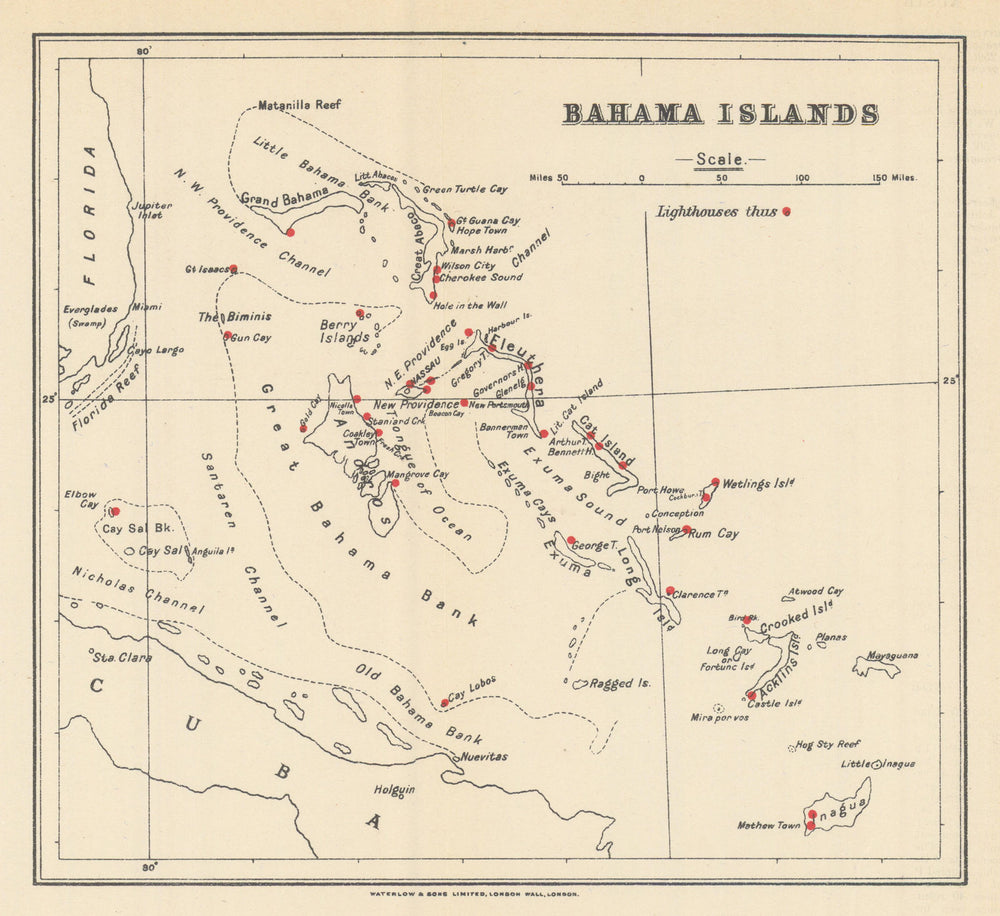 Bahama Islands showing lighthouses by Waterlow & Sons 1919 old antique map