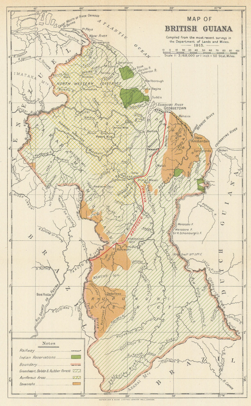 British Guiana showing Indian Reservations & Forests by Waterlow & Sons 1919 map
