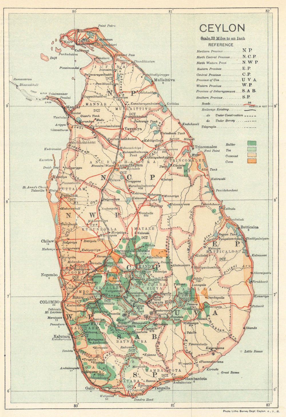 Ceylon. Sri Lanka. Rubber Tea Coconut Cocoa & railways 1919 old antique map