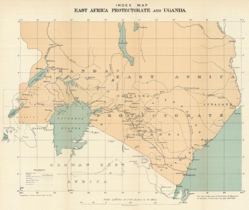 East Africa Protectorate & Uganda showing railways. Kenya. TSGS 1919 old map