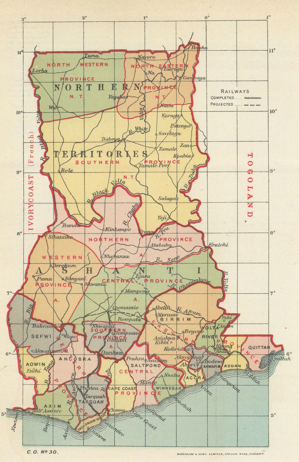 The Gold Coast showing provinces & railways. Ghana. Waterlow 1919 map