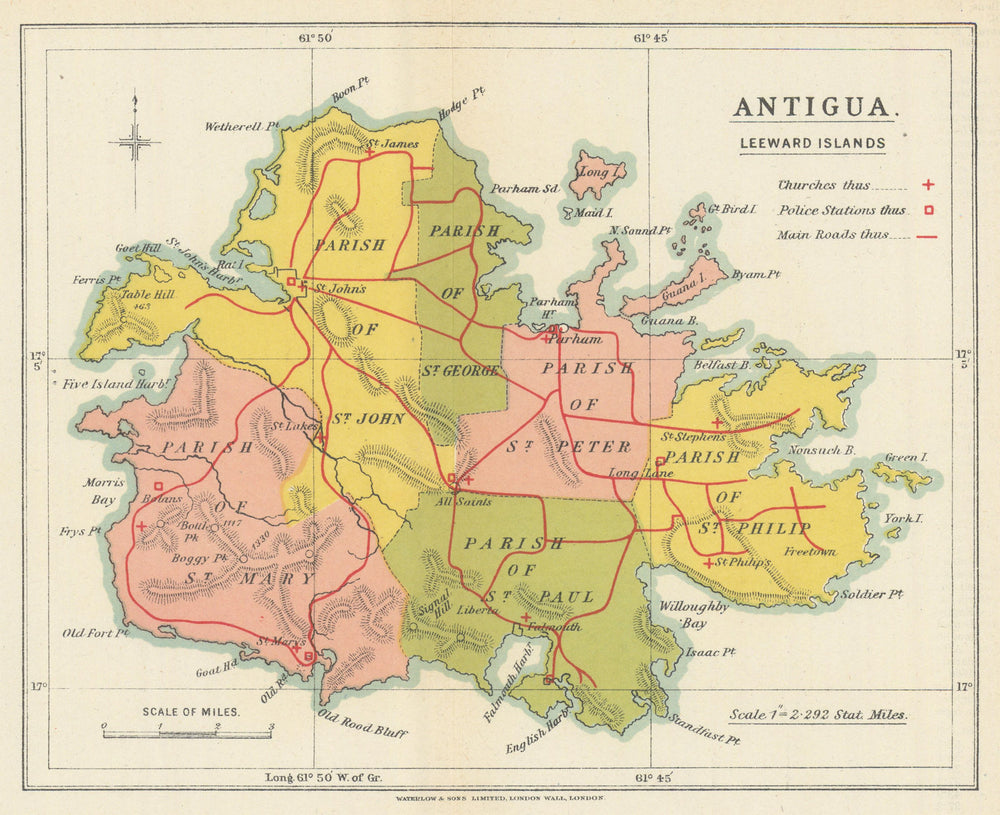 Antigua, Leeward Islands by Waterlow & Sons. Police stations & churches 1919 map