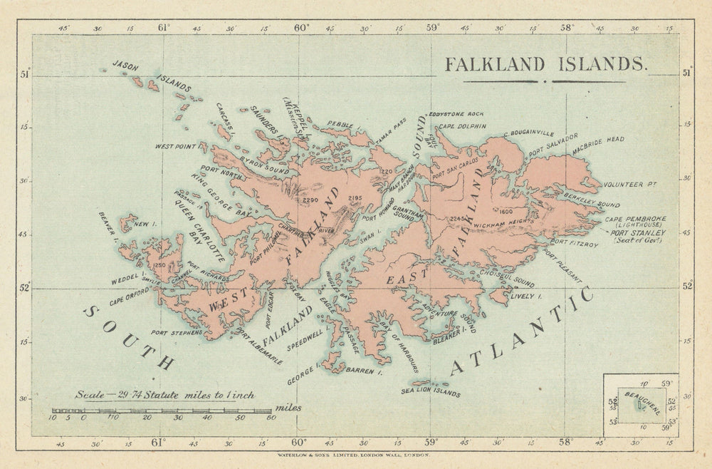 Falkland Islands by Waterlow & Sons 1919 old antique vintage map plan chart
