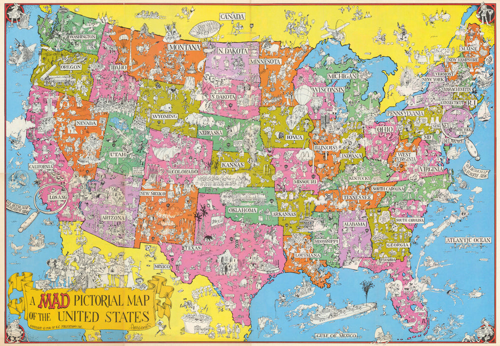 A Mad Pictorial Map of the United States by Sergio Aragonés. LA/NYC/AK/HI 1981