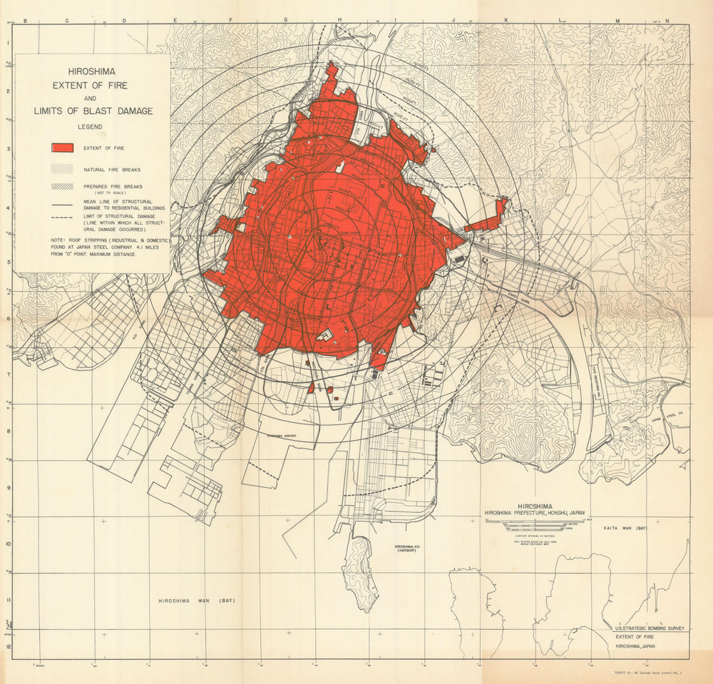 Hiroshima. Extent of Fire & Limits of Blast Damage. Atomic Bomb. A.M.S. 1946 map