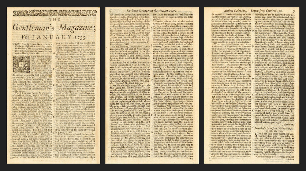 Isaac Newton letter on the ancient calendar, in the Gentleman's Magazine 1755
