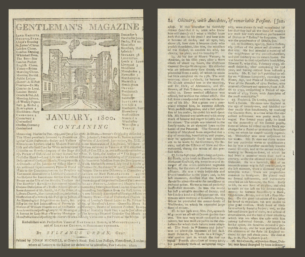 George Washington Obituary in the Gents Mag "He closed his well-spent life" 1800