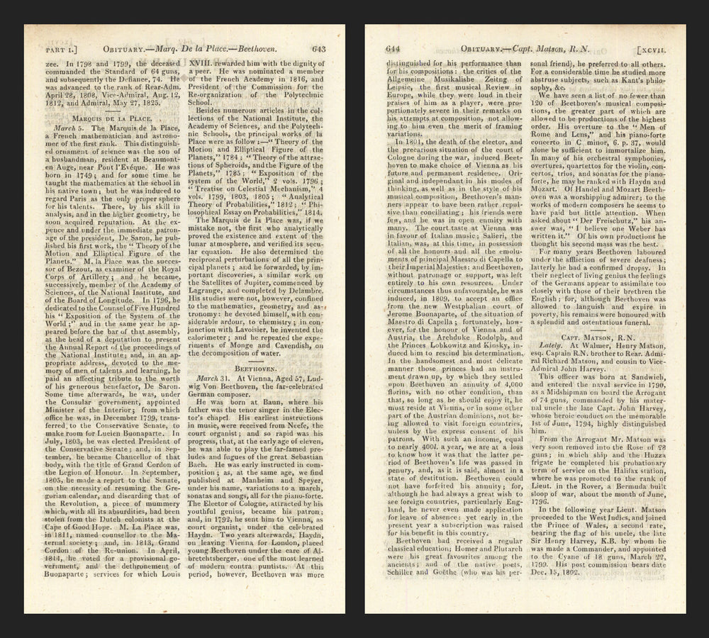 Obituary of Ludwig van Beethoven "the far-celebrated" composer. Gents Mag 1827
