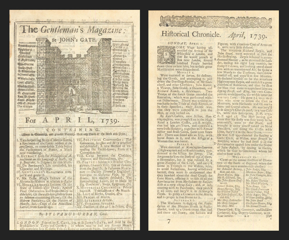 Report of the hanging of highwayman Dick Turpin at York in the Gents Mag 1739
