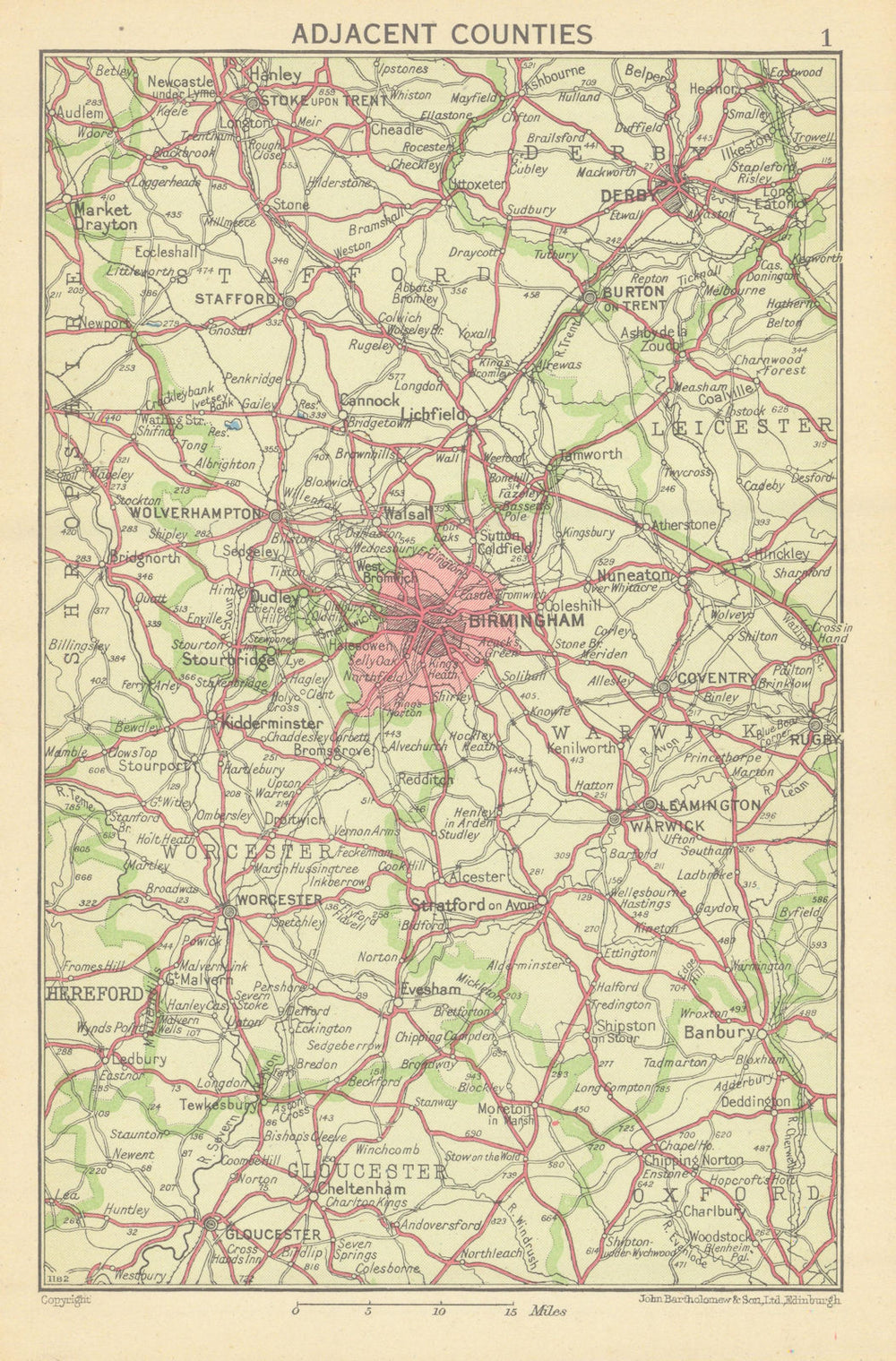 BIRMINGHAM Adjacent Counties. West Midlands. Derby Gloucester 1945 old map