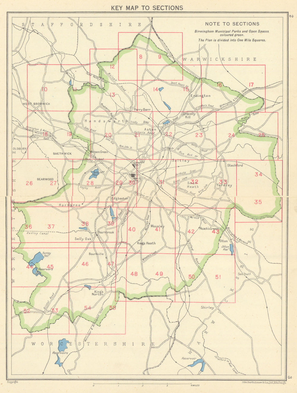 BIRMINGHAM. Key map to sections 1945 old vintage plan chart