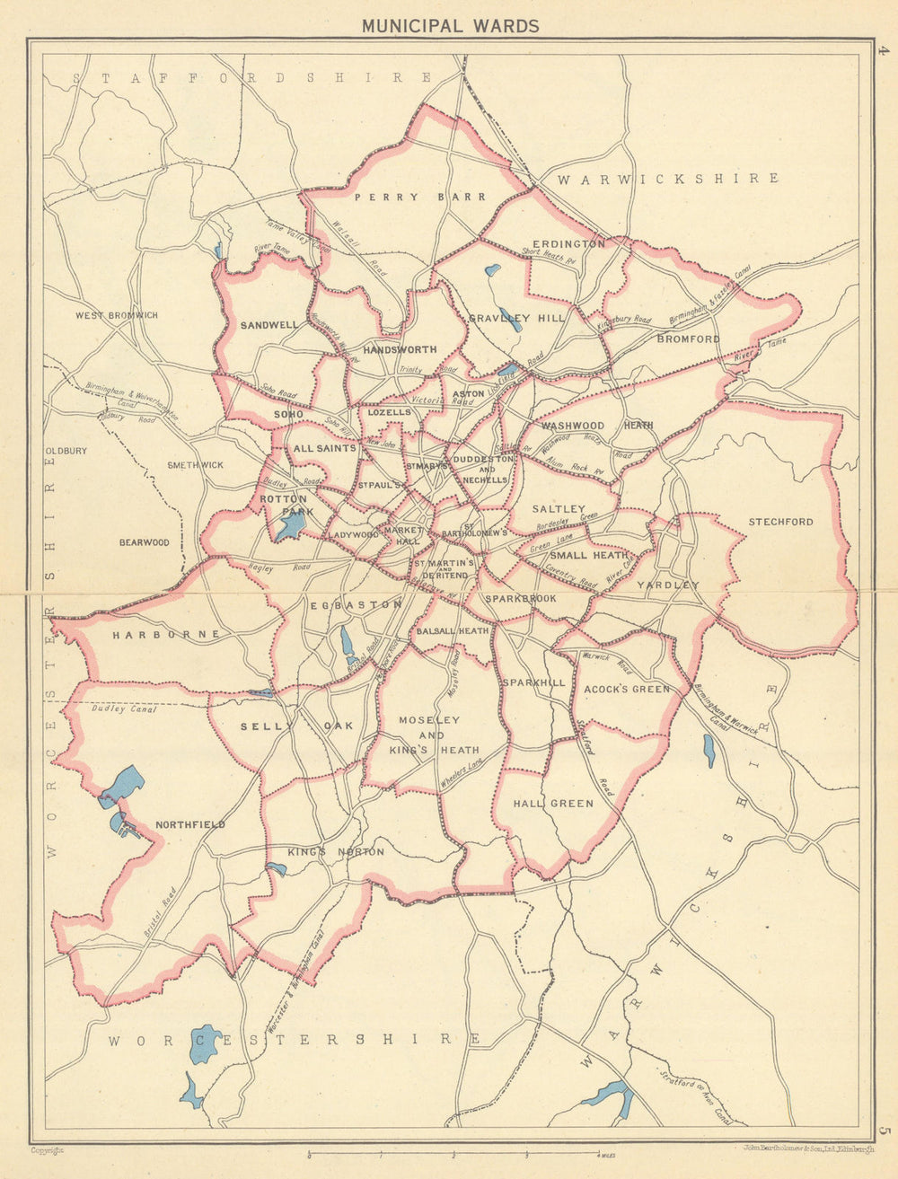 BIRMINGHAM Munipical Wards 1945 old vintage map plan chart