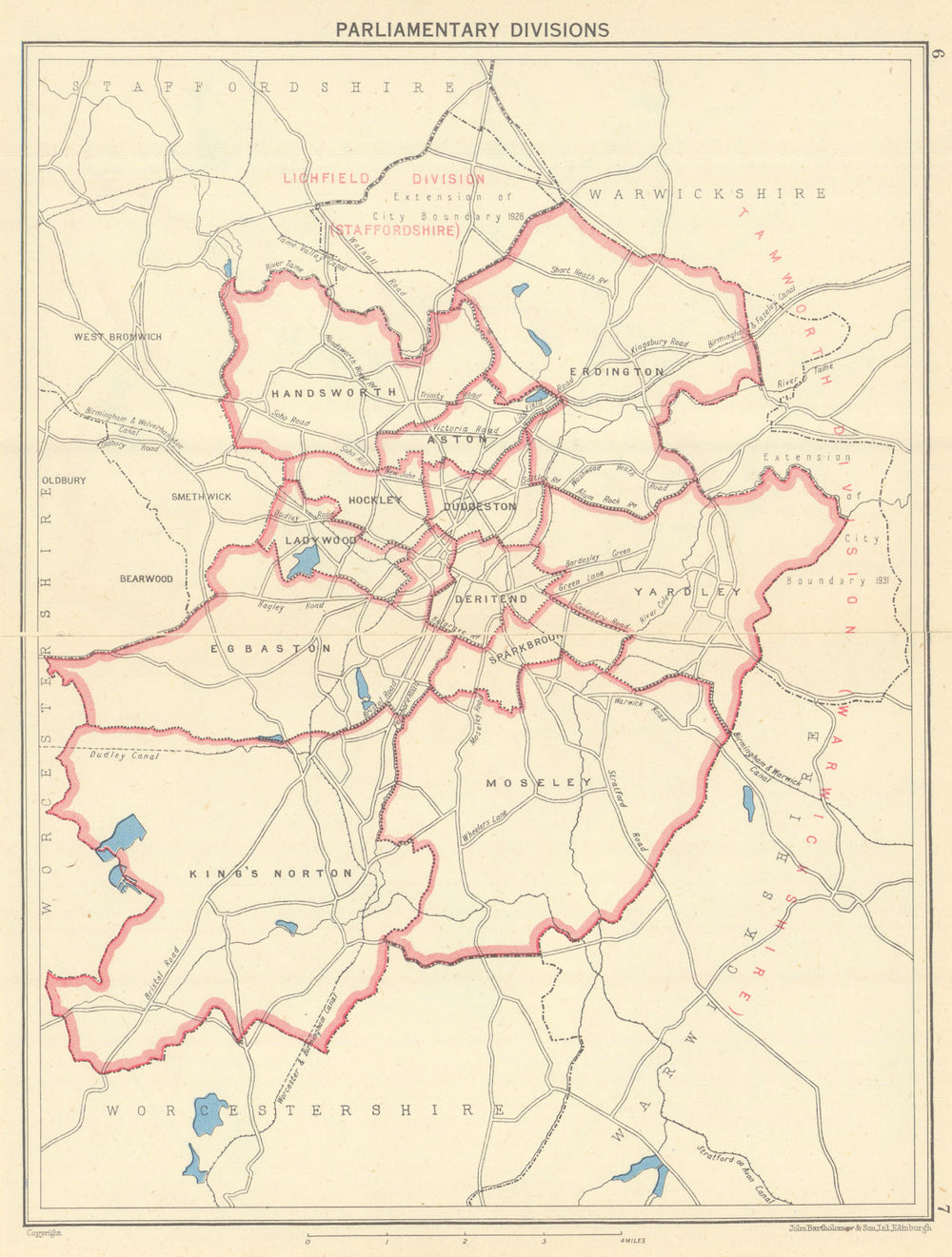 BIRMINGHAM Parliamentary Divisions constituencies 1945 old vintage map chart