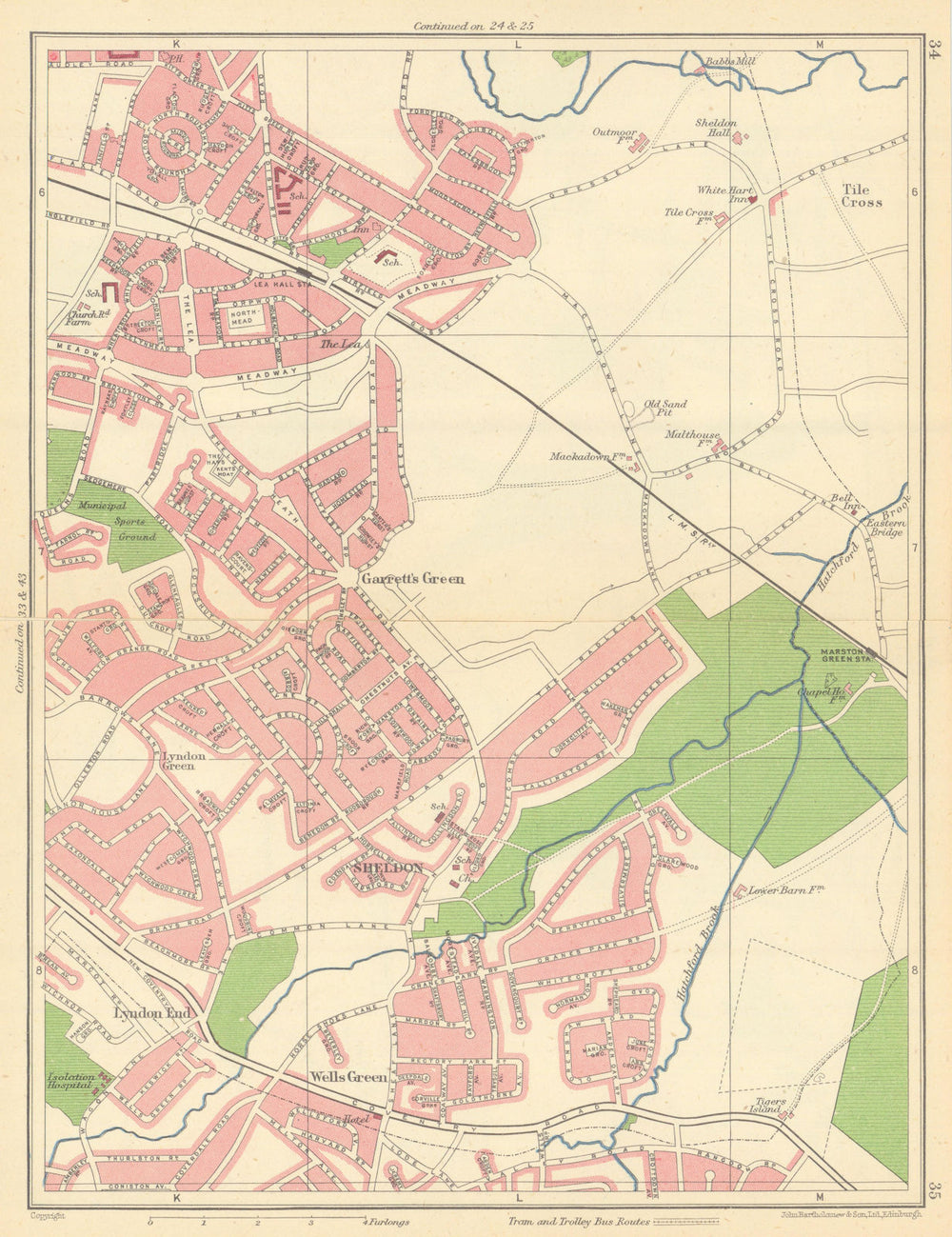BIRMINGHAM EAST Lea Hall Sheldon Lyndon End Garrett's Green Stechford 1945 map