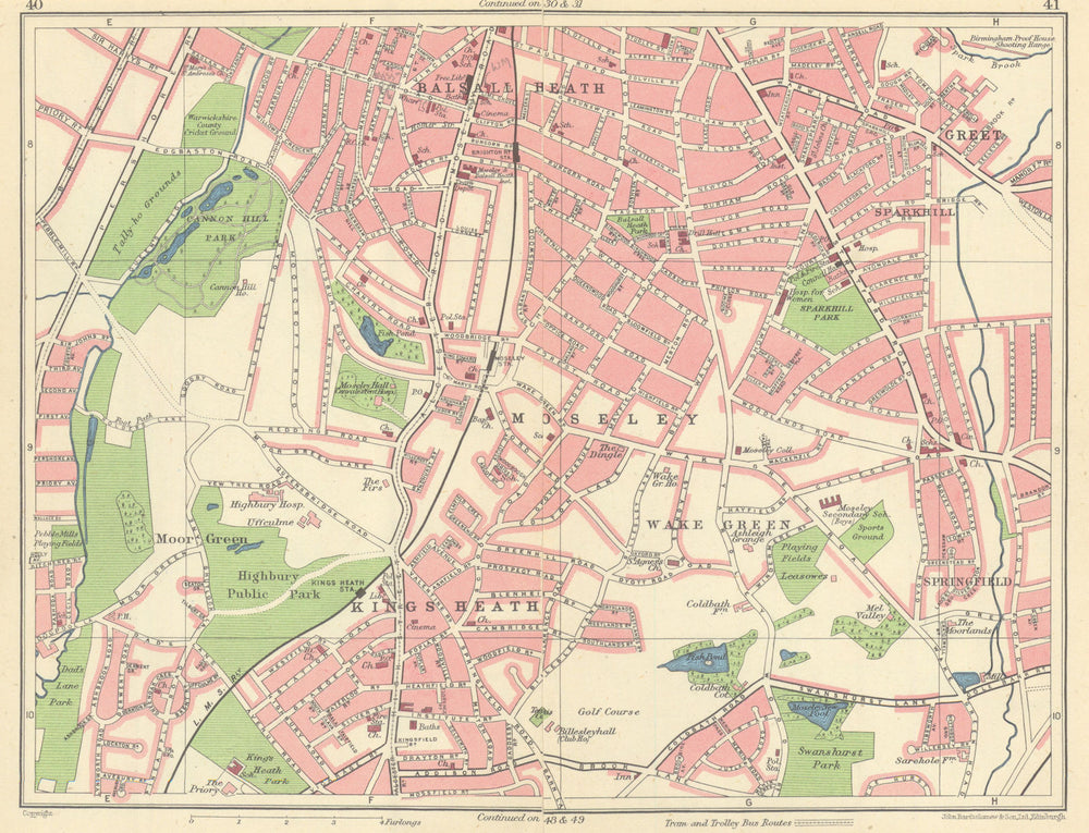 BIRMINGHAM SOUTH Balsall/King's Heath Moseley Greet Springfield 1945 old map