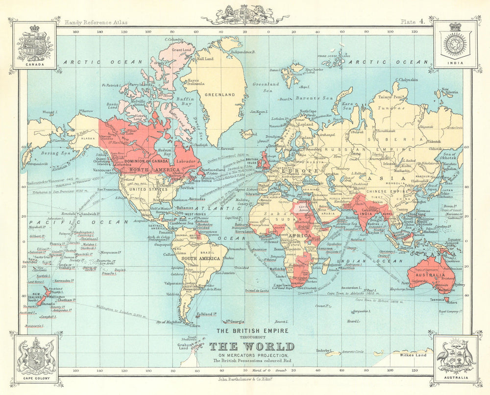 The British Empire Throughout The World. BARTHOLOMEW 1909 old antique map