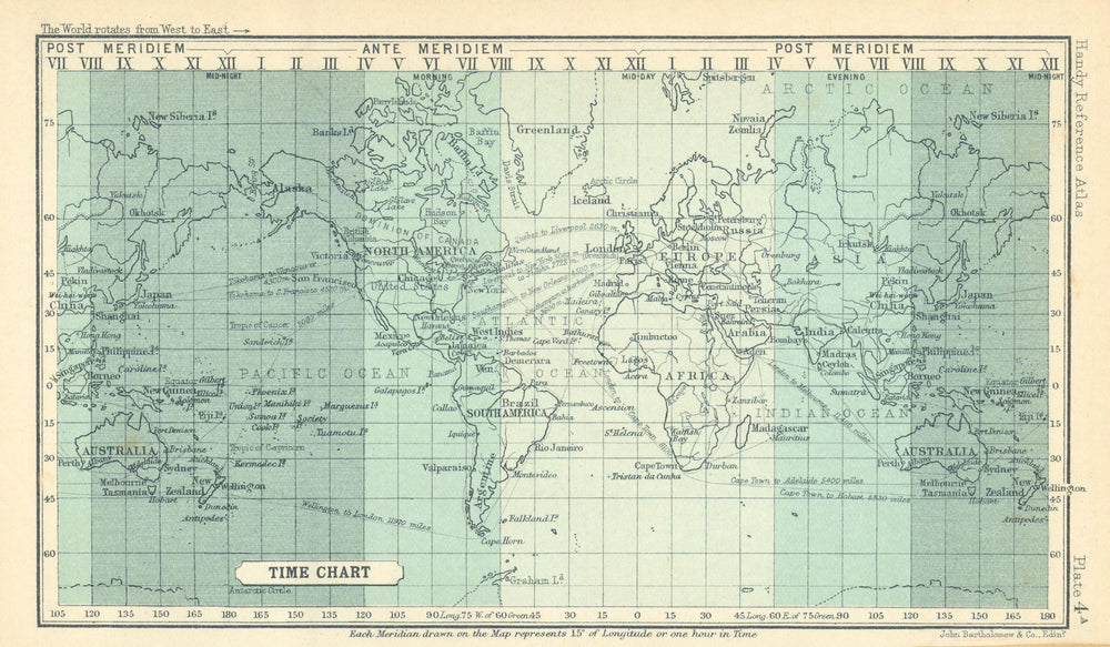 World Time Chart. BARTHOLOMEW 1909 old antique vintage map plan