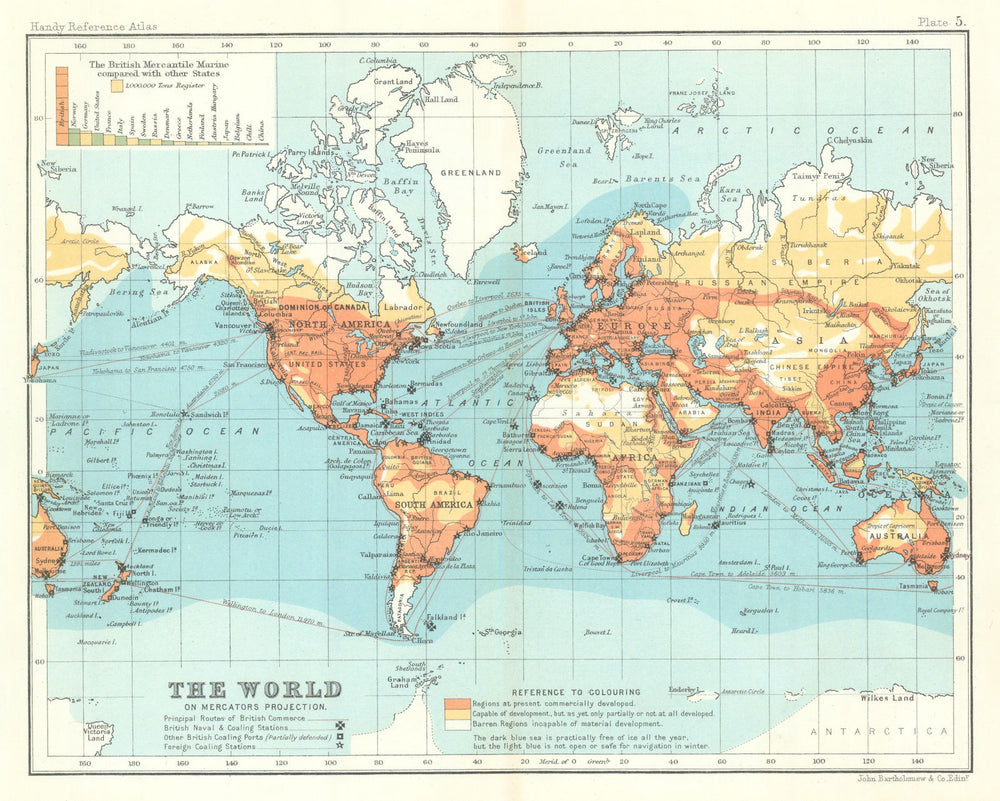 Commercial Chart of The World. Coaling stations. BARTHOLOMEW 1909 old map