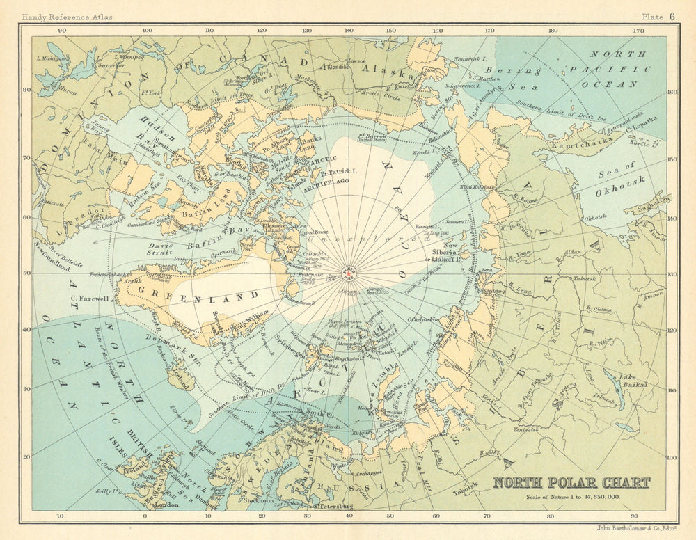 North Polar chart. Explorers' positions. Drift ice limits. Arctic 1909 old map