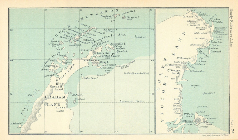Graham Land & Victoria Land. South Pole. Antarctic. BARTHOLOMEW 1909 old map