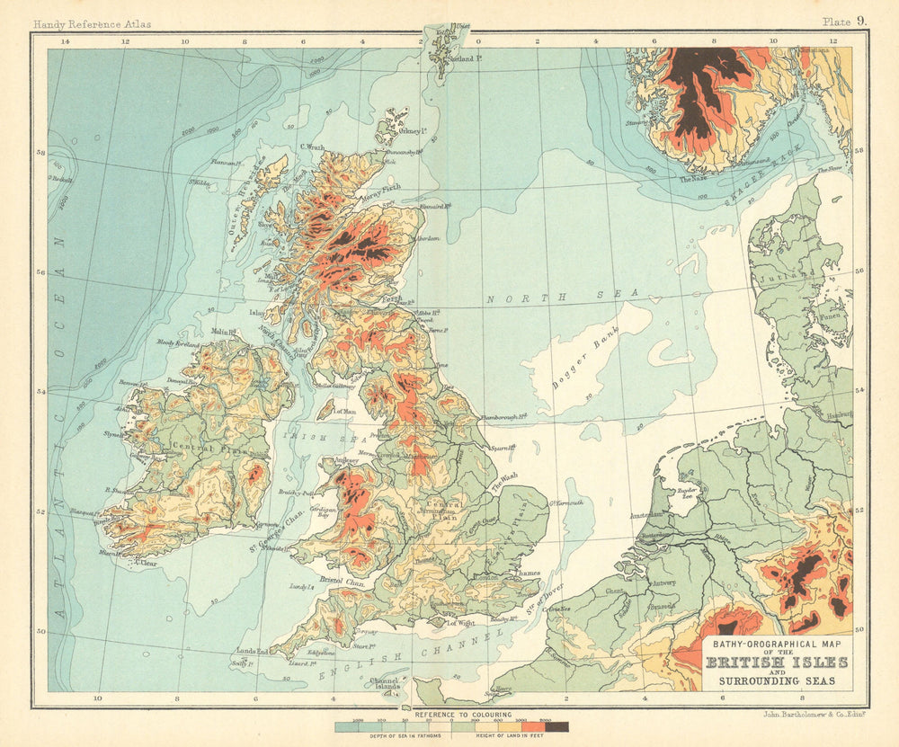 Bathy-Orographical Map of The British Isles and Surrounding Seas 1909 old