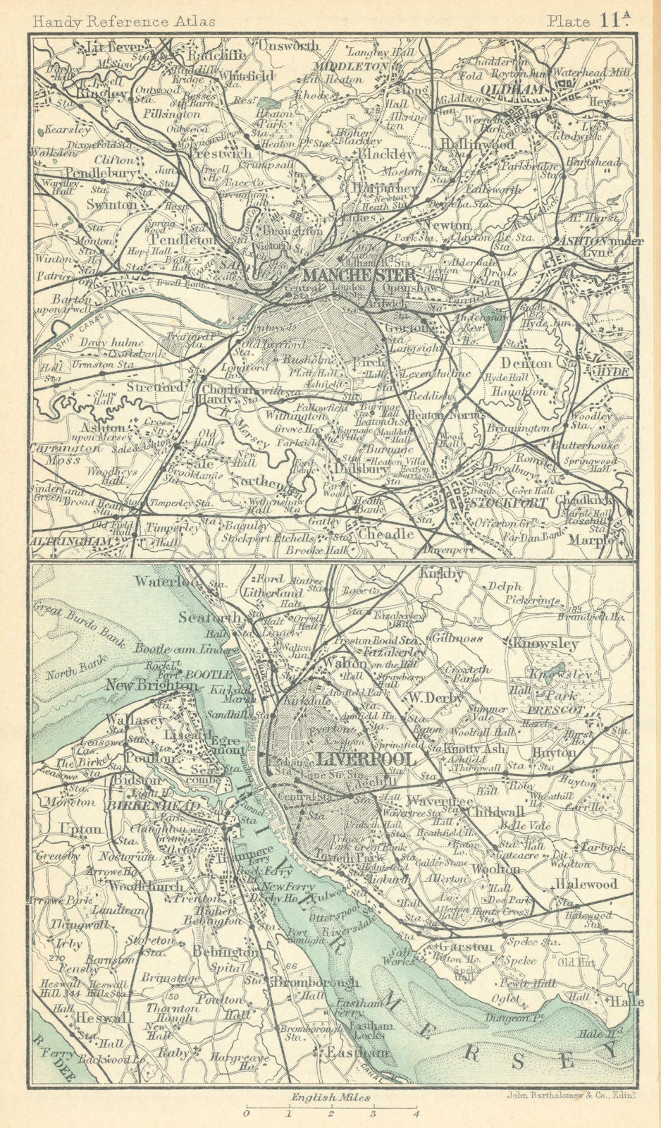 Environs of Manchester & Liverpool. Lancashire. BARTHOLOMEW 1909 old map