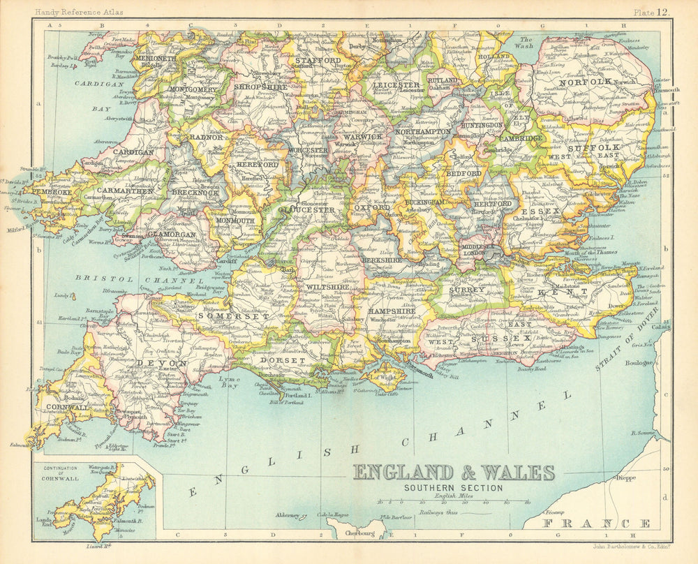 England & Wales Southern Section. Great Britain. BARTHOLOMEW 1909 old map