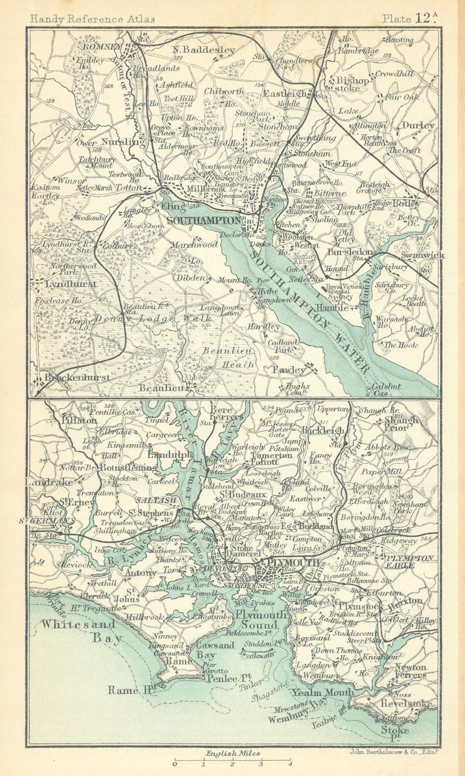 Environs of Southampton & Plymouth. Hampshire. BARTHOLOMEW 1909 old map
