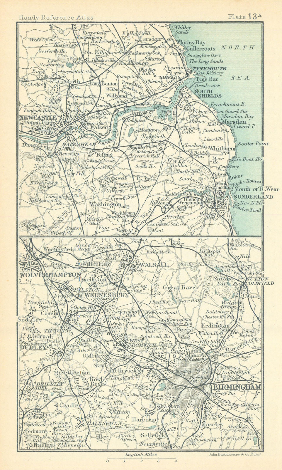 Environs of Birmingham & Newcastle. Warwickshire. BARTHOLOMEW 1909 old map