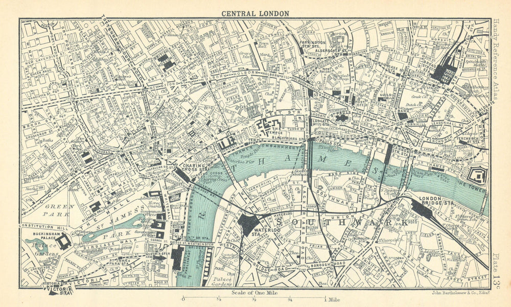 Central London town/city plan. BARTHOLOMEW 1909 old antique map chart