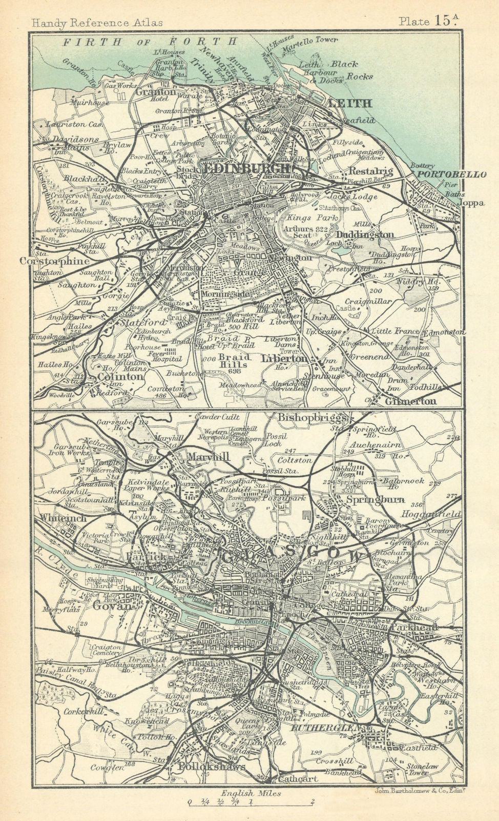 Environs of Edinburgh & Glasgow. Scottish Cities. BARTHOLOMEW 1909 old map