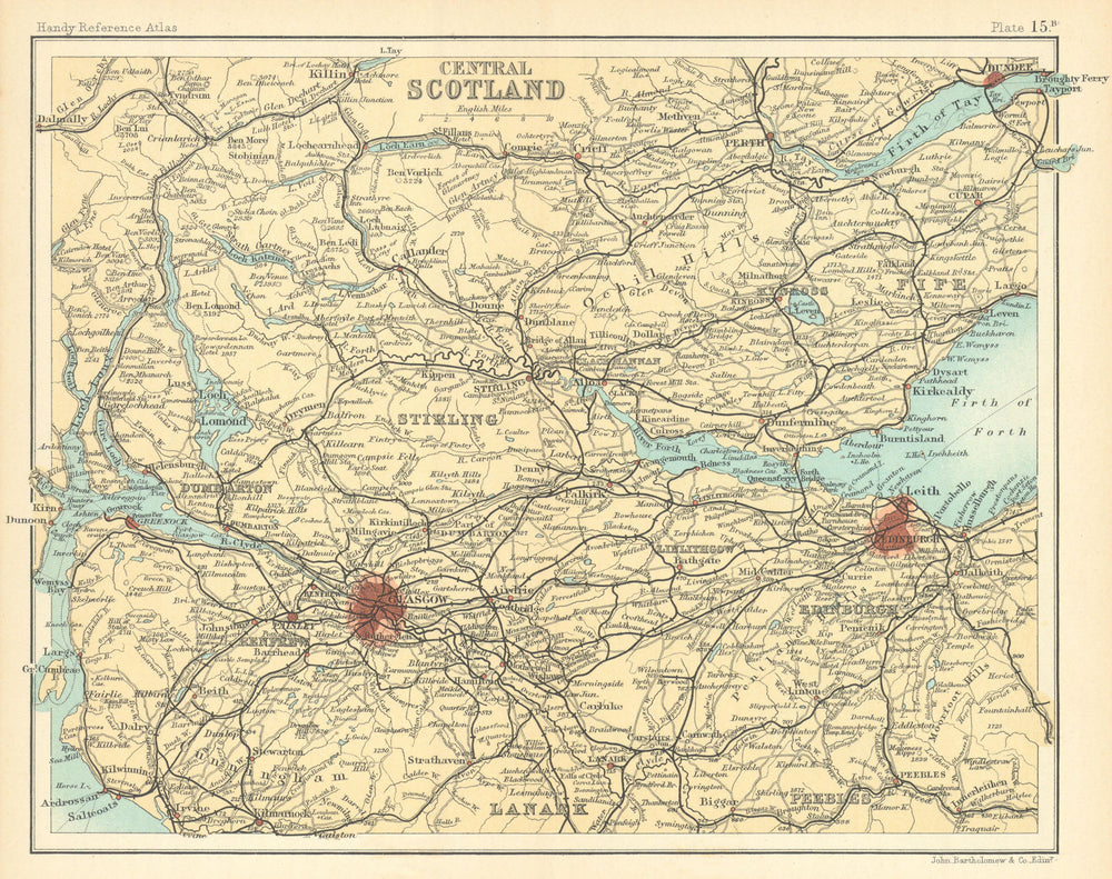 Central Scotland. Edinburgh. Glasgow. BARTHOLOMEW 1909 old antique map chart
