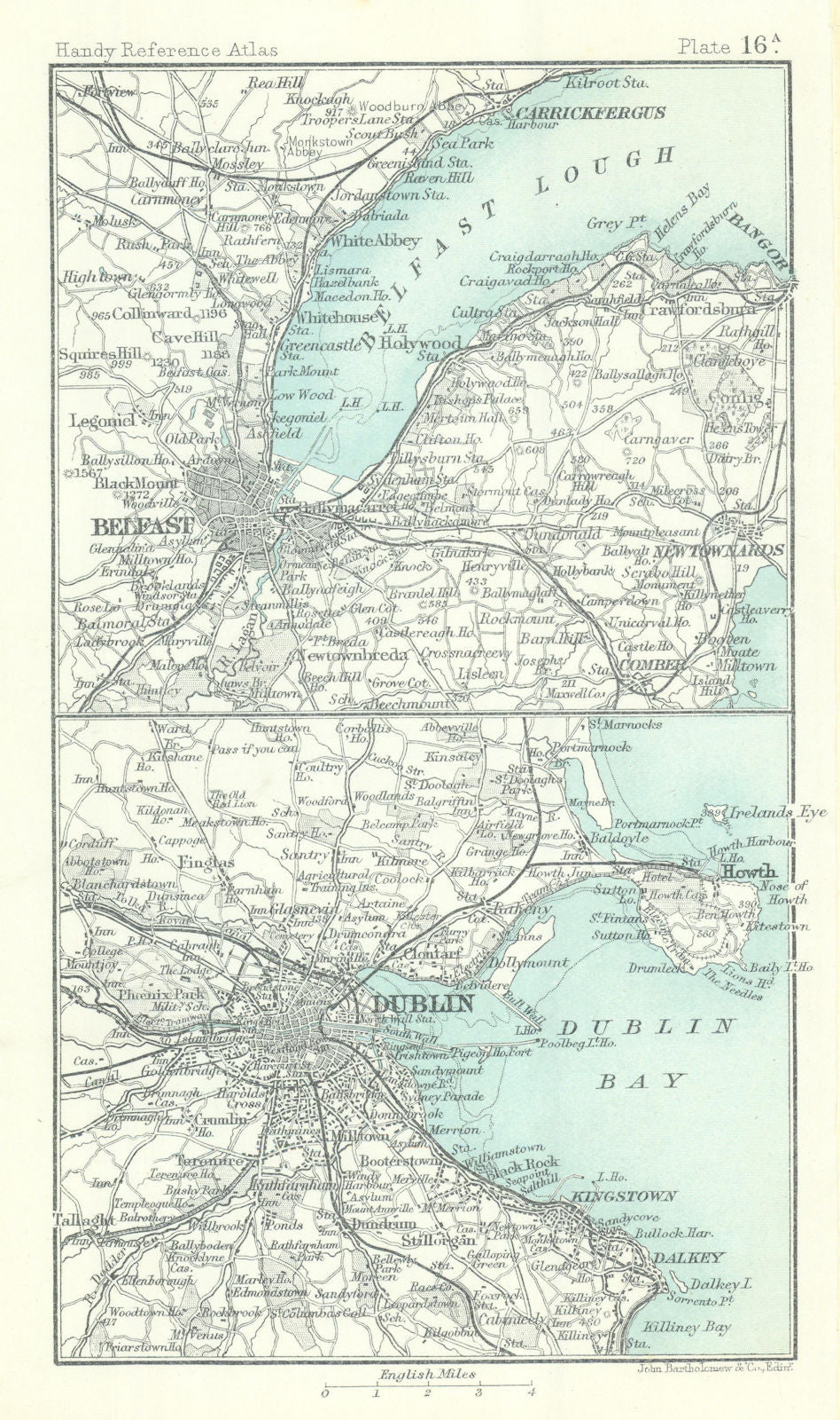 Environs of Belfast & Dublin. Ireland. BARTHOLOMEW 1909 old antique map chart