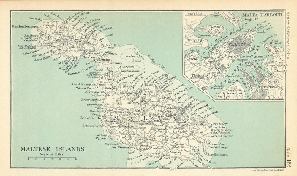 Maltese Islands. Valletta. Malta & Gozo. BARTHOLOMEW 1909 old antique map