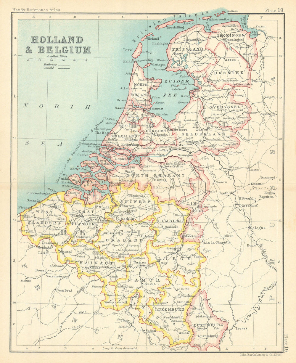 Holland and Belgium. Luxembourg. Benelux. BARTHOLOMEW 1909 old antique map