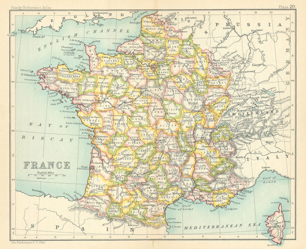 France without Alsace & Lorraine. BARTHOLOMEW 1909 old antique map plan chart