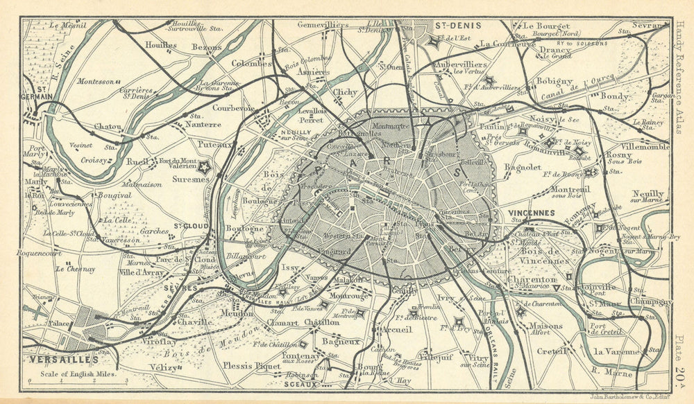 Environs of Paris showing railways. France. BARTHOLOMEW 1909 old antique map